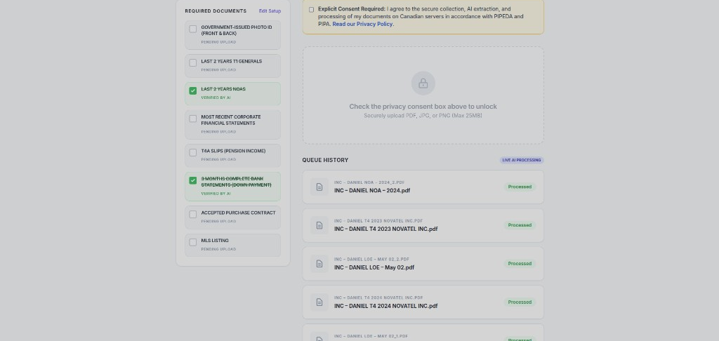 BrokerLogic mortgage document portal with AI-verified files and upload queue